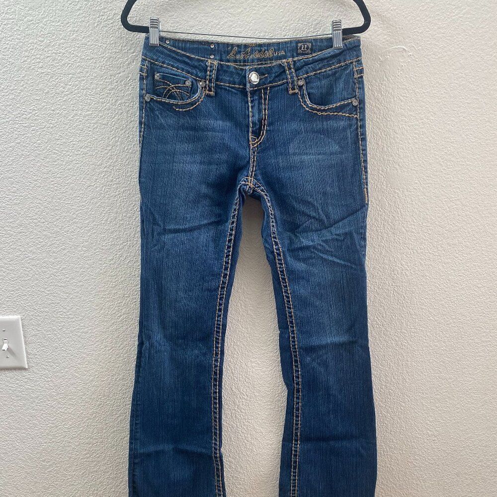 LA Idol Boot Cut Jeans Thick Stitch Flap Pocket Size 11 / 33 Inch Inseam